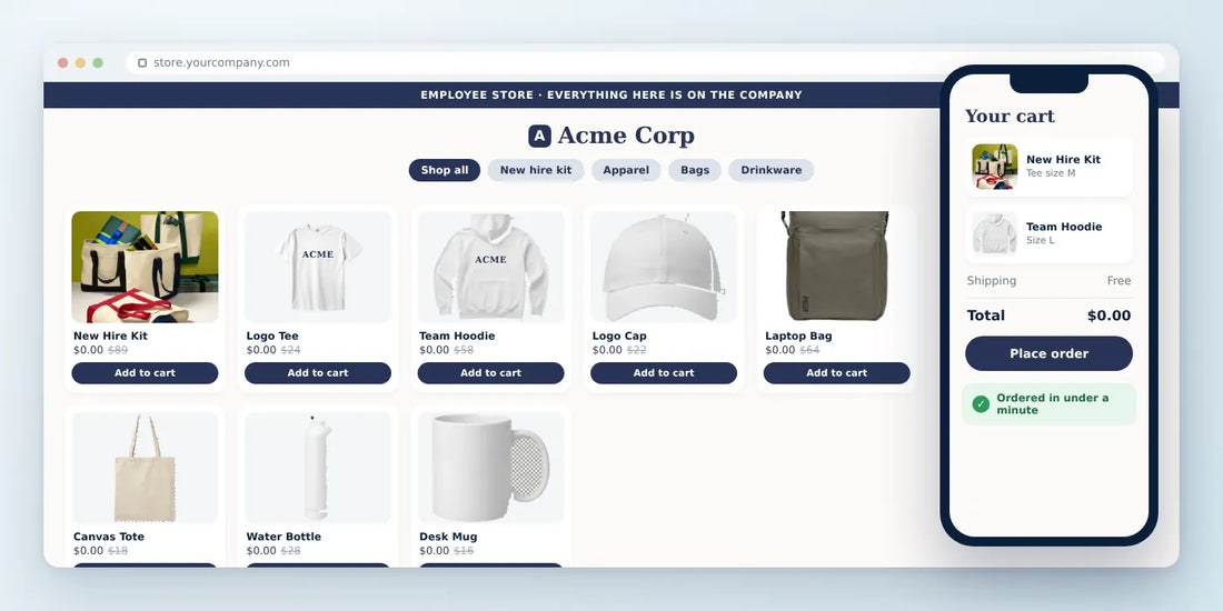 Company swag store on desktop and phone
